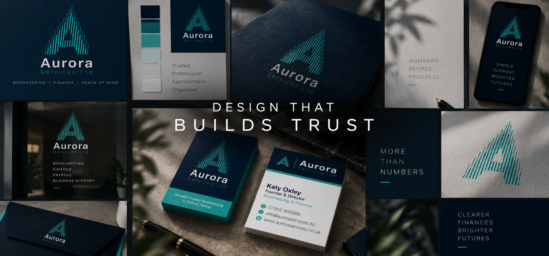Aurora Services rebrand applied across stationery, signage, packaging and mobile app