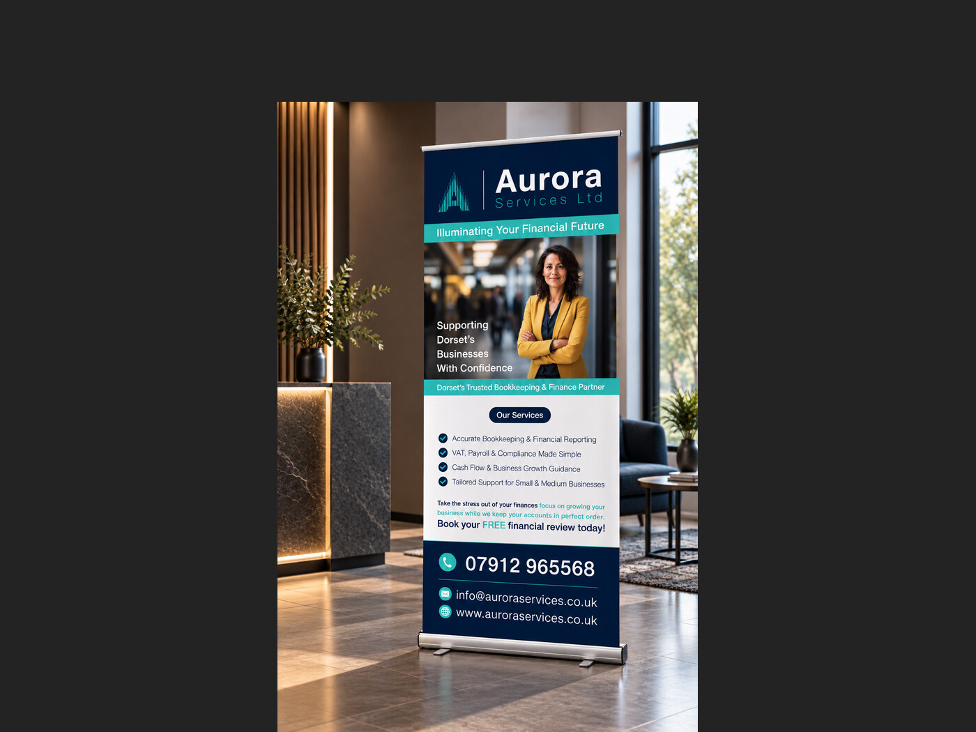 Aurora Services pull-up banner in a reception