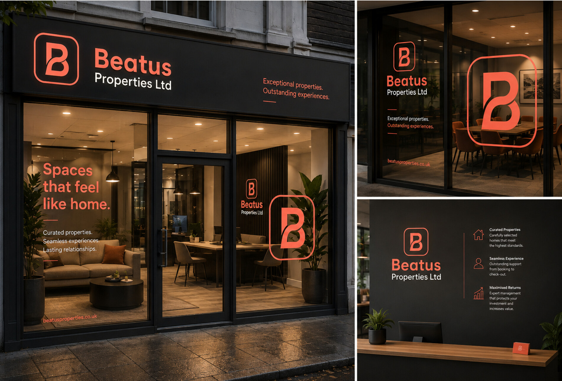 Beatus Properties shopfront and reception signage at night