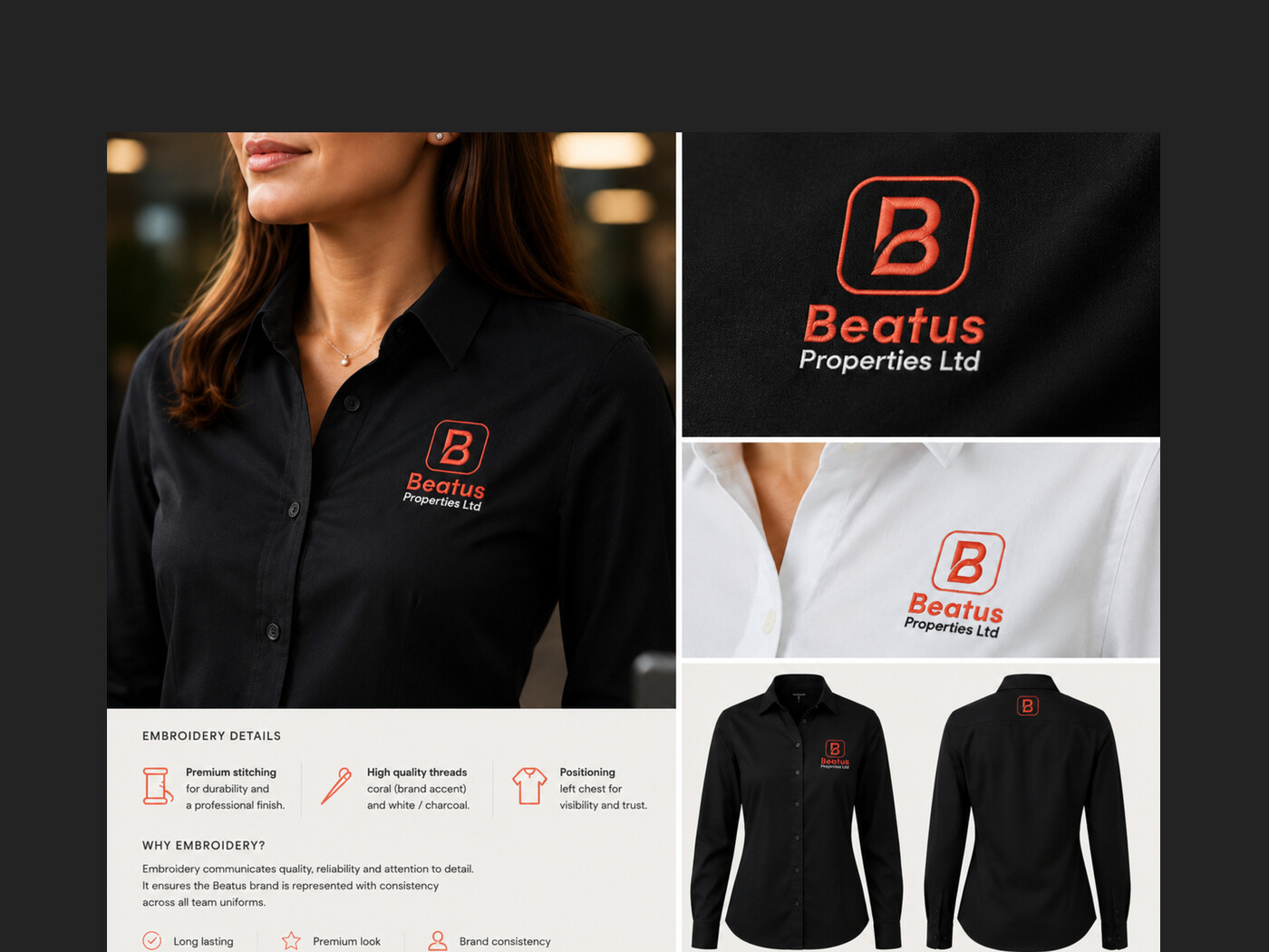 Beatus Properties branded shirts in charcoal and white, with embroidery detail