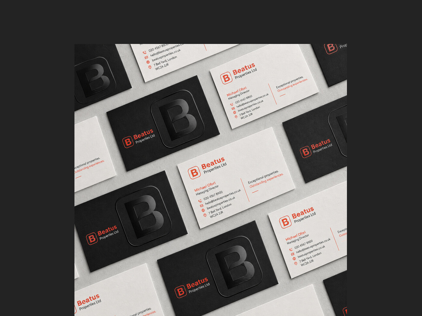 Beatus Properties business cards with spot-gloss monogram