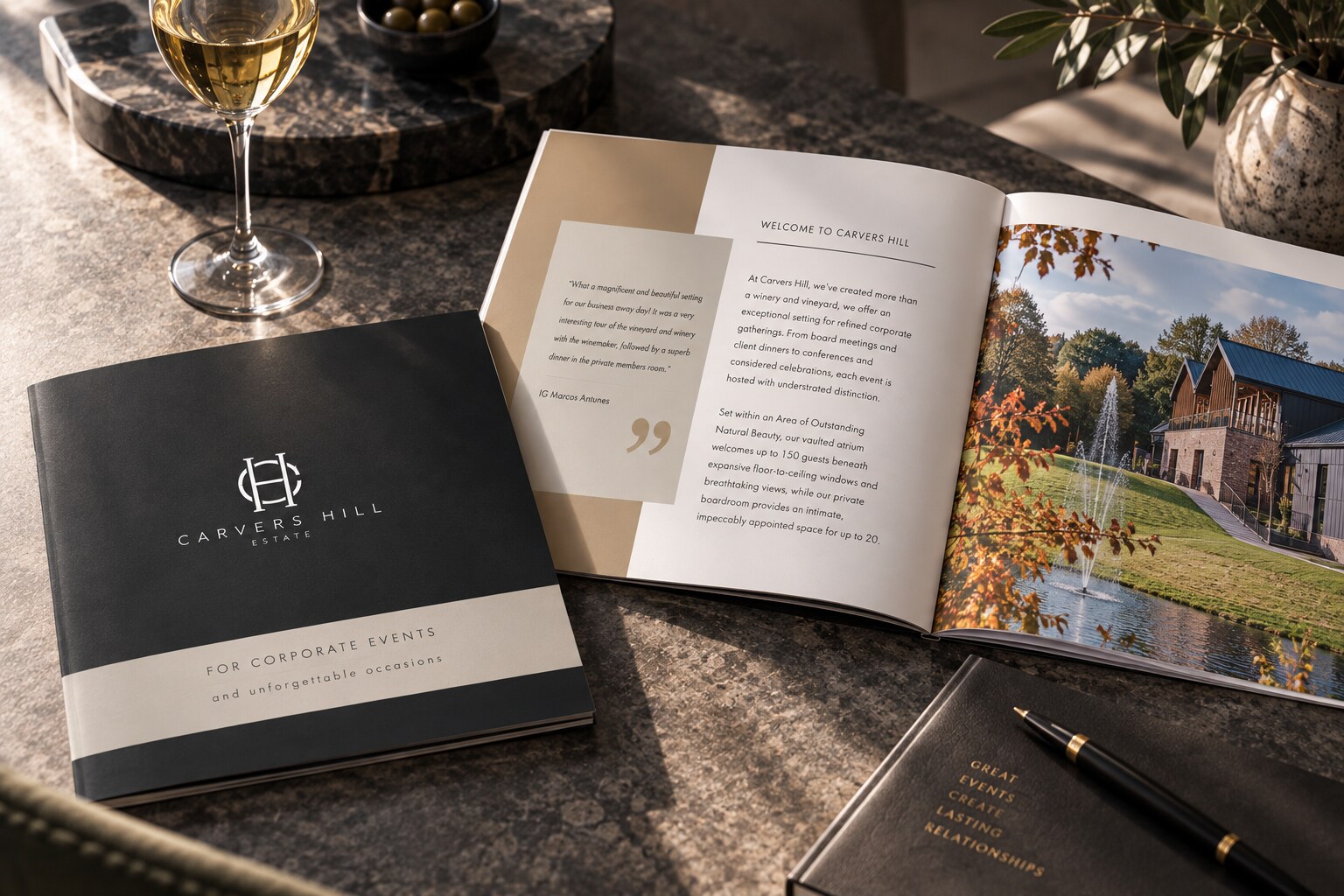 Carvers Hill Estate corporate events brochure, cover and inside spread