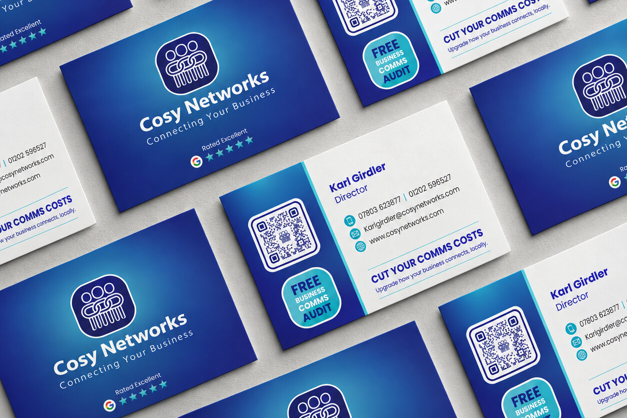 Cosy Networks business cards with QR code and comms audit offer
