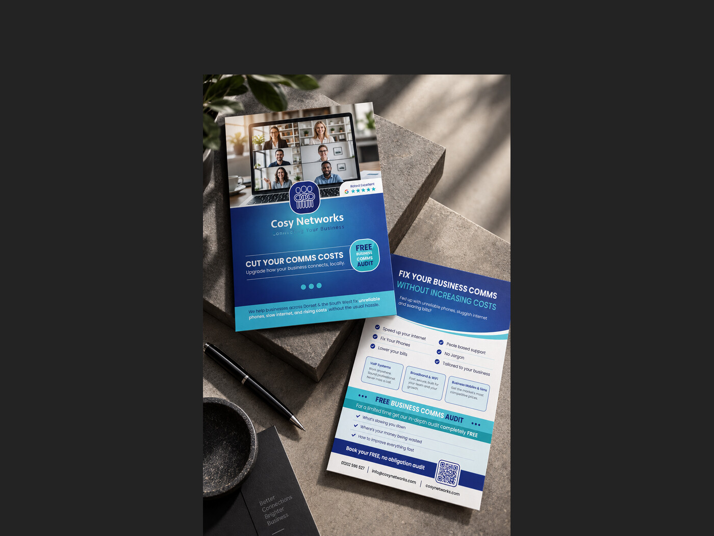 Cosy Networks two-sided leaflet, front and back