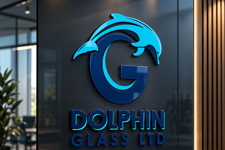 Dolphin Glass reception signage, illuminated dolphin and G monogram