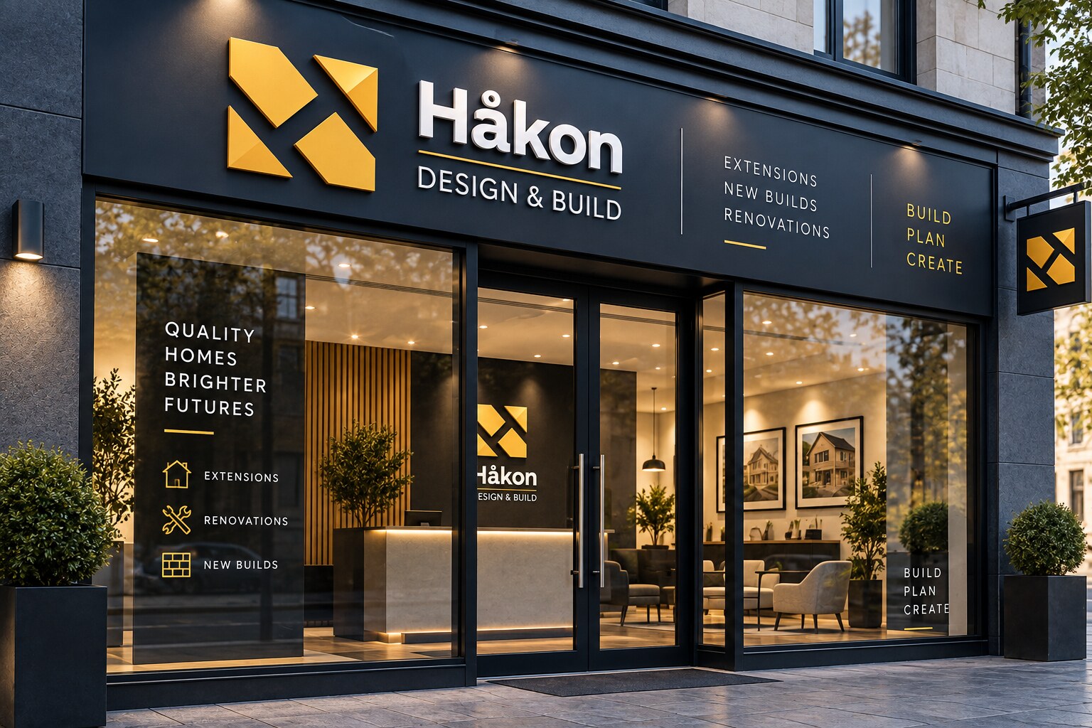 H&aring;kon Design & Build shopfront with illuminated fascia and projecting sign