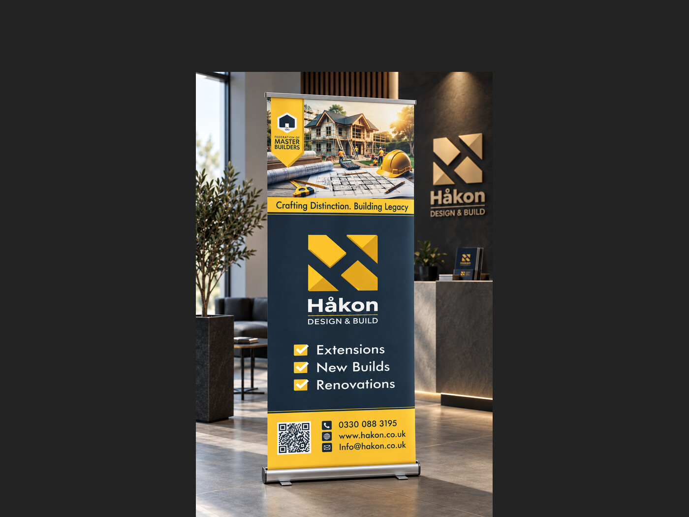 H&aring;kon Design & Build roller banner in a reception