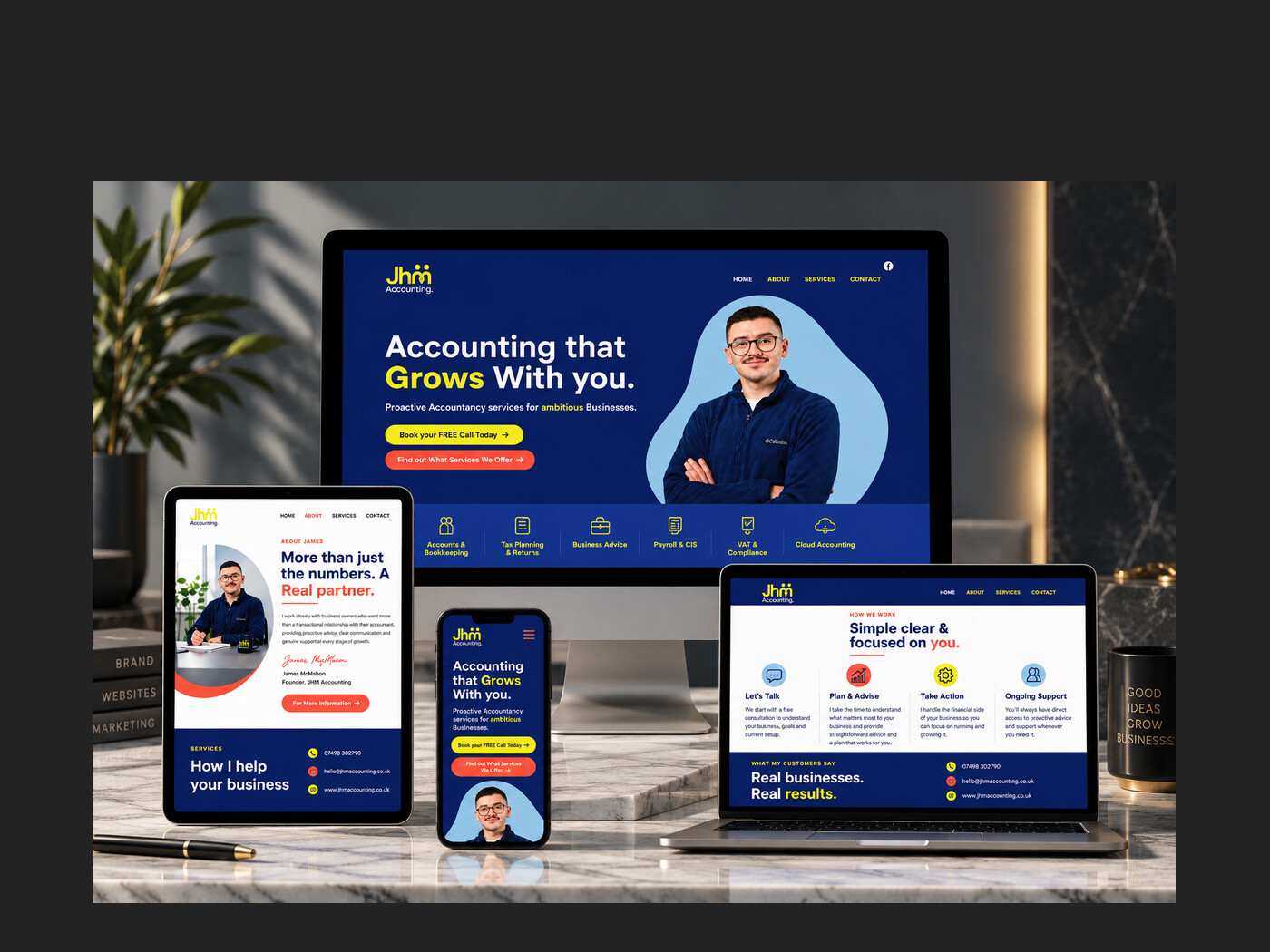 JHM Accounting website shown on desktop, tablet, laptop and mobile