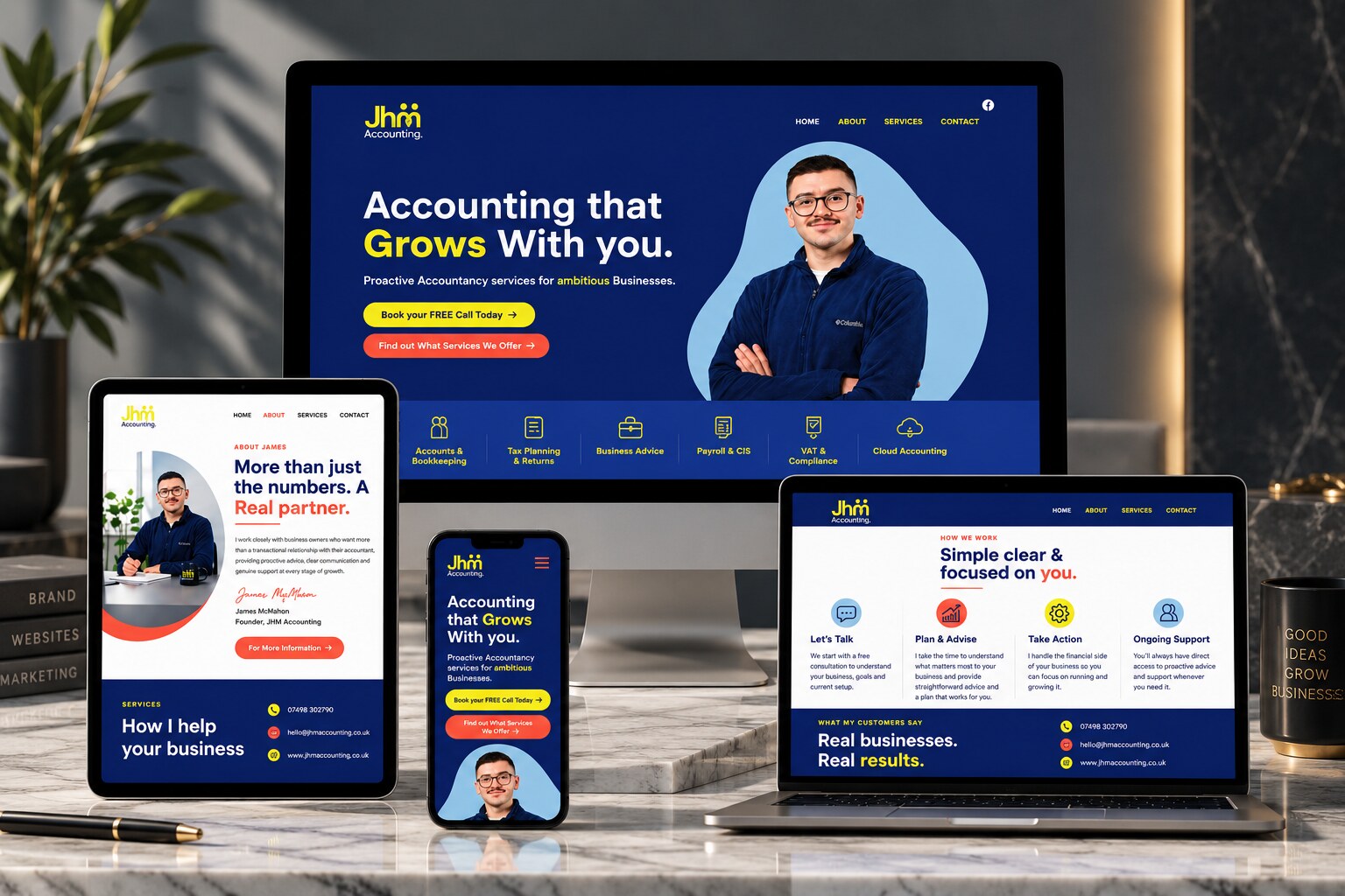 JHM Accounting website shown across desktop, tablet, laptop and mobile