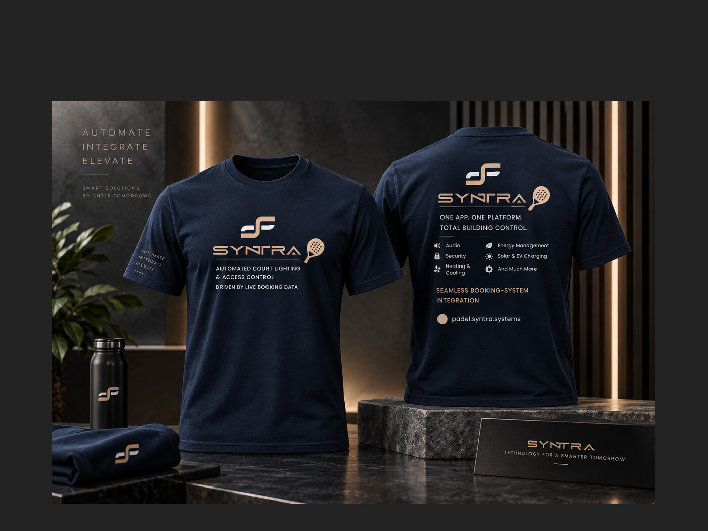 Syntra trade show T-shirts, front and back, in navy and champagne